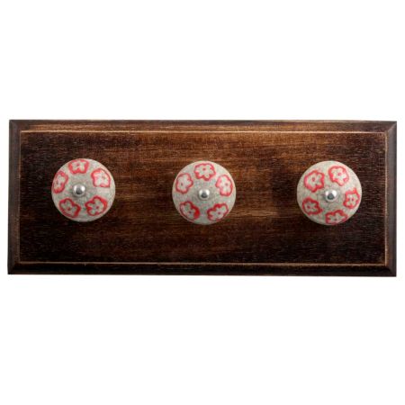 Red Embossed Tiny Flower Crackle Ceramic Wooden Hooks